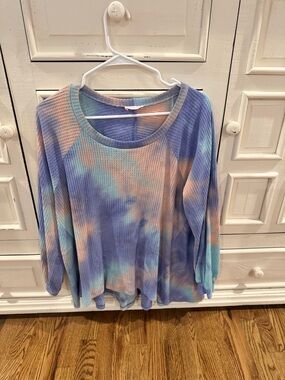 Pink Lily Pastel Tie-Dye Waffle Long Sleeve Top - Blue, Peach, Aqua